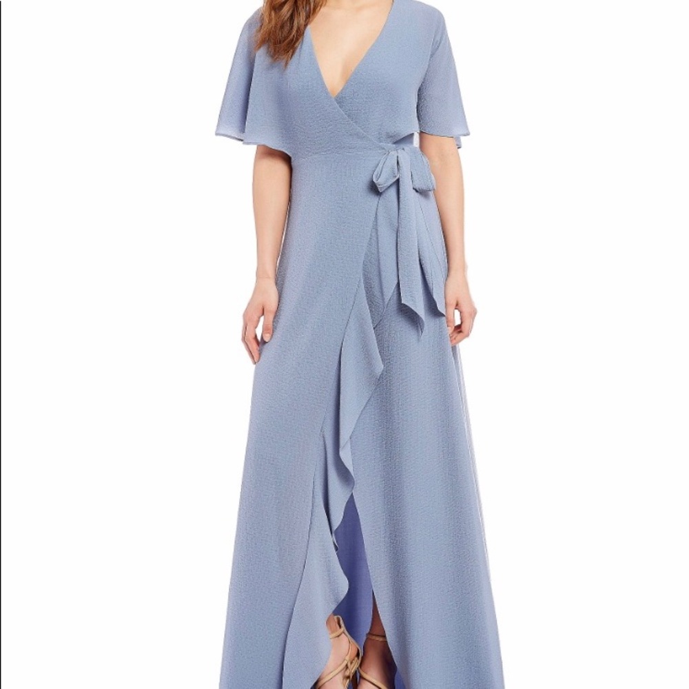 Beautiful dusty blue floor length wrap dress